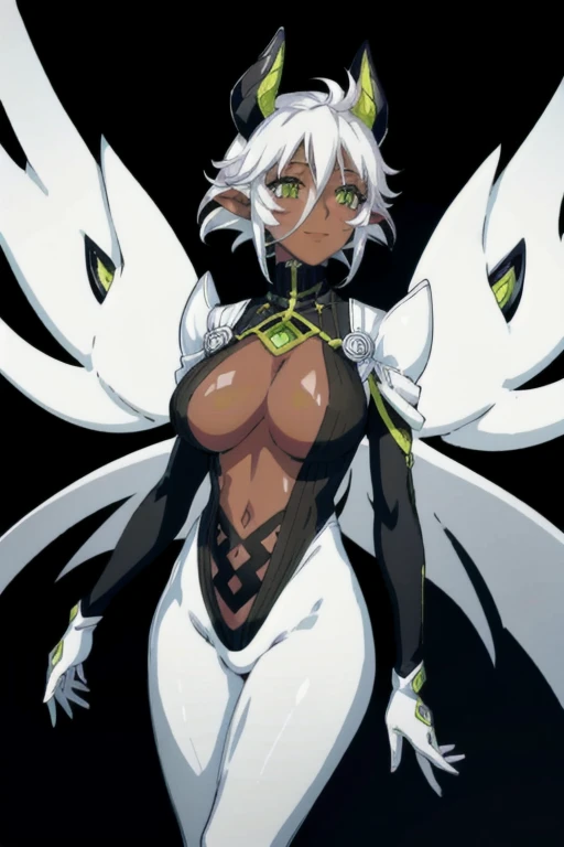 ultra-detailed), masterpiece,solo, large breasts, zest1, green eyes, mechanical horns, smile, pointy ears, white hair, short hair, dark-skinned female, blush stickers, bodysuit, shrug \(clothing\), center opening, white leotard, black arms leotard, innerboob, navel, black gloves, green trim, turtleneck, pauldrons, black heel boots, standing