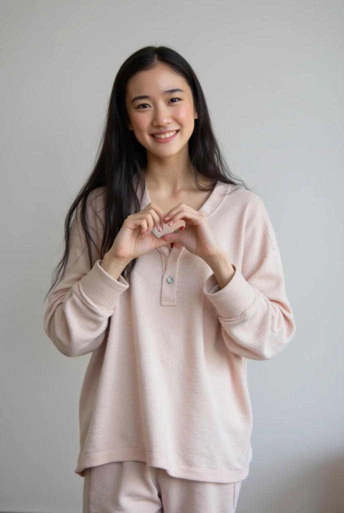 Only one woman with a cute smile is in a pose wearing off-shoulder pajamas, making a firm big heart shape with both hands, and holding them in front of her chest, View above collarbone、The background is a monotone 

