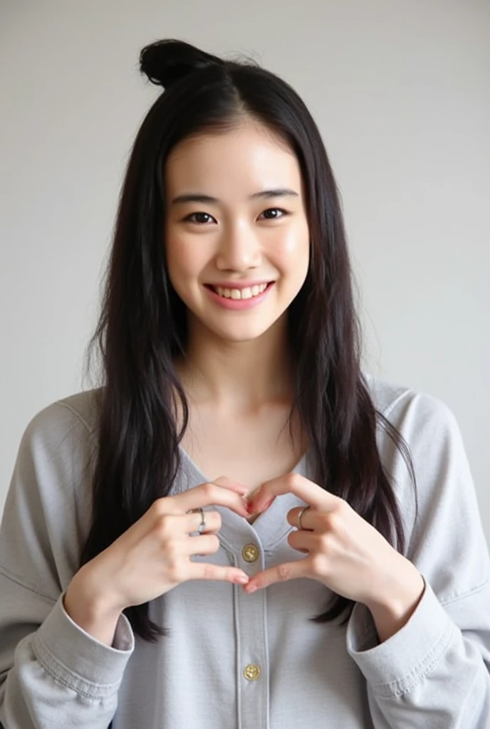 Only one woman with a cute smile is in a pose wearing off-shoulder pajamas, making a firm big heart shape with both hands, and holding them in front of her chest, View above collarbone、The background is a monotone 

