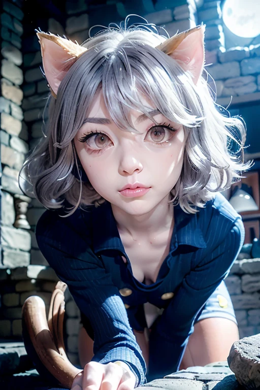  silver hair,  Short and Curly , cat ears, red eyes, Large pupils, Strong Eyes,  double eyelids , Thin eyebrows, Long eyelashes, small nose, Small Mouth,((:3)), Sharp jaw,  blue military style coat , Six gold buttons,  short shorts with orange stripes, High collar,  long sleeve, Thin wrists, Flexible fingers,  white skin, Cat-like claws,  orange striped over-the-knee socks , Blue shoes, Thin ankles, Small feet, Long legs, Tied behind a muscular thigh ,  thin waist, Cat-like gaze, Strong upper arms, Soft hands, Small palms, Cat-like smile, serious frown, pink insides of ears, Thin eyelids,  upward-curled eyelashes ,  vertical slit pupils , Lots of lower eyelashes, Thin lips, Protruding collarbone, High waist, Knee joints, Tied behind a muscular thigh , articulated knees , Tight socks,  neatly tied shoelaces , Soft cat ears,  soft and fluffy hair , Thin eyebrows,  pale pink lips, White teeth, Well-shaped lips,  smooth skin,  slightly bent cat ears , Tight-fitting coat, Shiny buttons, Slightly old shoes,  hair fluttering like the wind, Sparkling Eyes, Moving cat ears, night, Medieval city background, moonlight, 星月night, On all fours, Crawl, (( above a high cobblestone wall )), Get closer, 