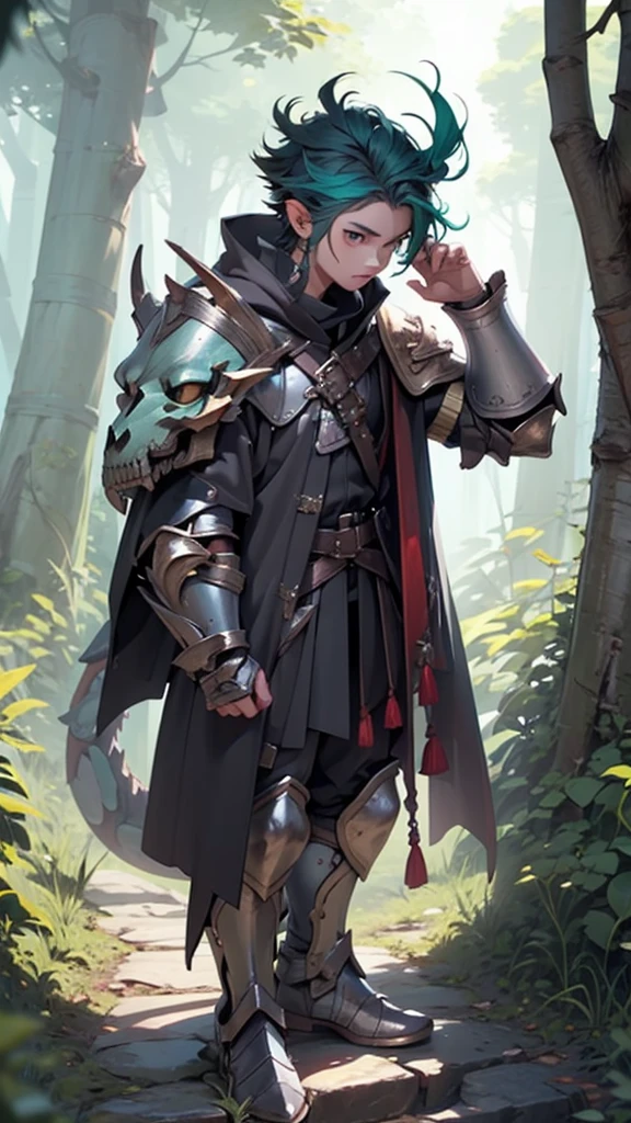 Male, forest gnome, young, short stature, skinny, small, short blue hair, leather armor, (dragon skull shoulder armor), black cloak, dark green clothes, sword, fantasy, outdoors, dynamic pose, full body
