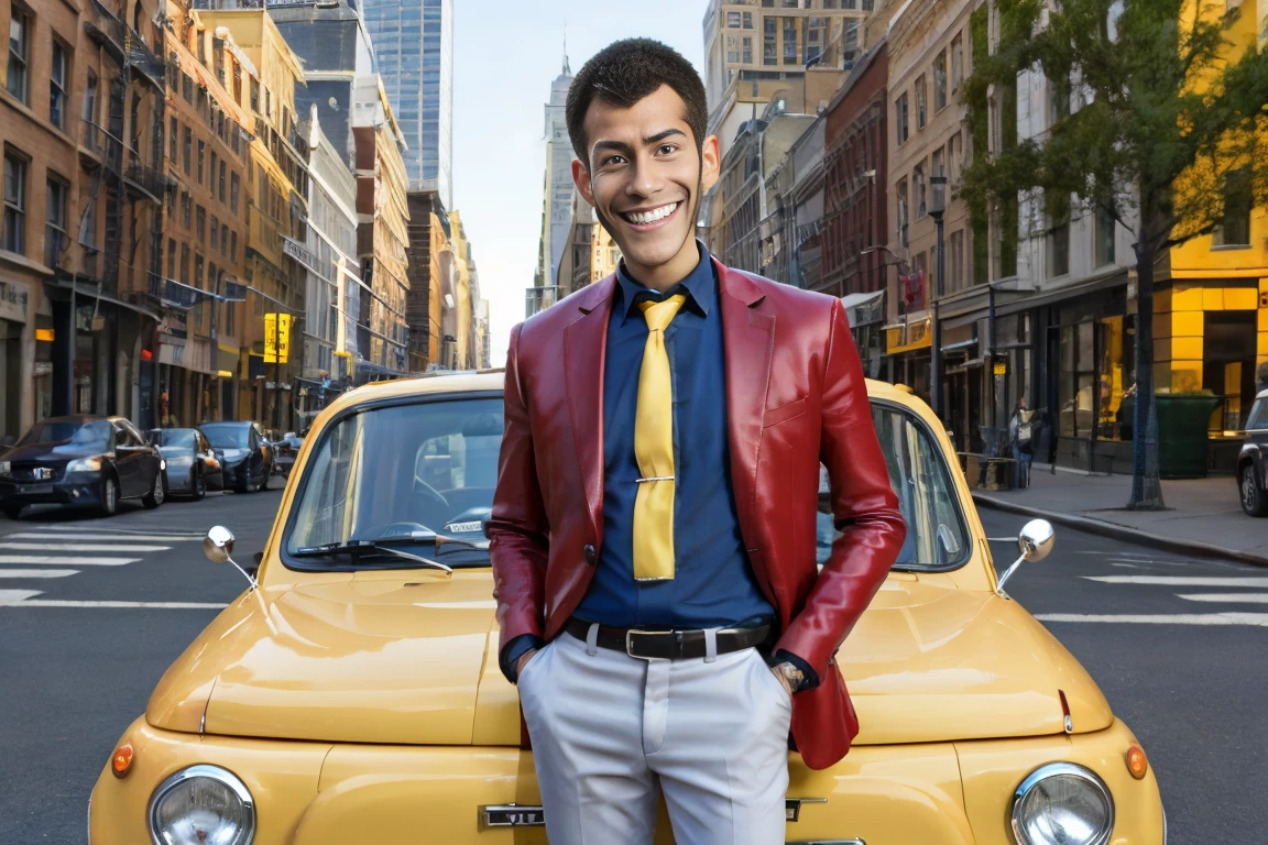  high definition, masterpiece,  high quality,  Ultra High Definition, Lupin the Third,difficult,  red jacket, Yellow tie, Blue Shirt,smile,Standing next to a yellow Fiat 500, new york,Realistic