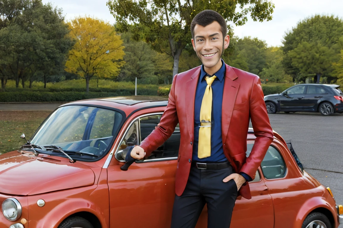  high definition, masterpiece,  high quality,  Ultra High Definition, Lupin the Third,difficult,  red jacket, Yellow tie, Blue Shirt,smile,Standing next to a yellow Fiat 500, new york,Realistic