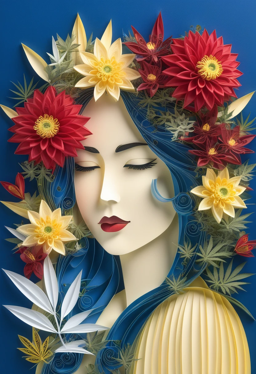 paper art,  plain background,flower,sheet,blue background,plantar,white flower,red flower,yellow flower, attractive portrait, intricate, highly detailed,  Digital painting, ArtStation,  conceptual art , naughty, sharp focus,  with cannabis theme  , Illustration, Art by Artgerm and Greg Rutkowski, Alphonse Mucha, CGSociety