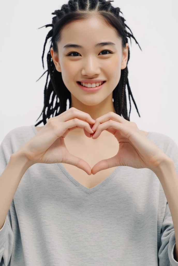 Only one woman with a cute smile is in a pose wearing off-shoulder pajamas, making a firm big heart shape with both hands, and holding them in front of her chest, View above collarbone、The background is a monotone 

