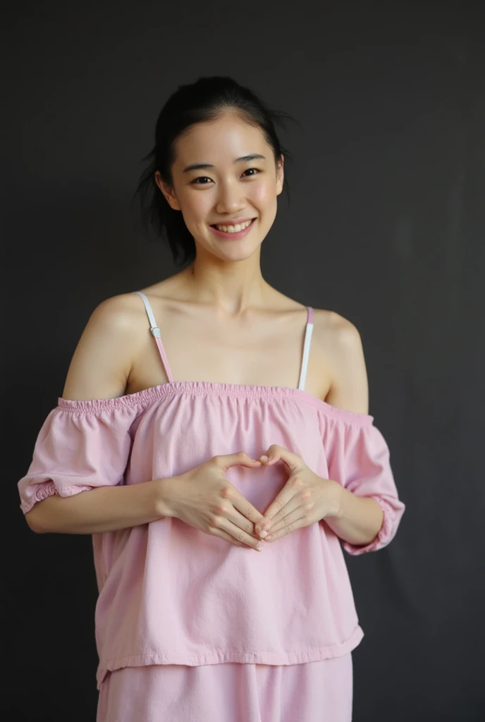 Only one woman with a cute smile is in a pose wearing off-shoulder pajamas, making a firm big heart shape with both hands, and holding them in front of her chest, View above collarbone、The background is a monotone 

