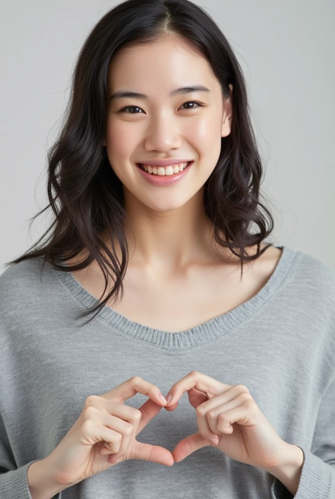 Only one woman with a cute smile is in a pose wearing off-shoulder pajamas, making a firm big heart shape with both hands, and holding them in front of her chest, View above collarbone、The background is a monotone 

