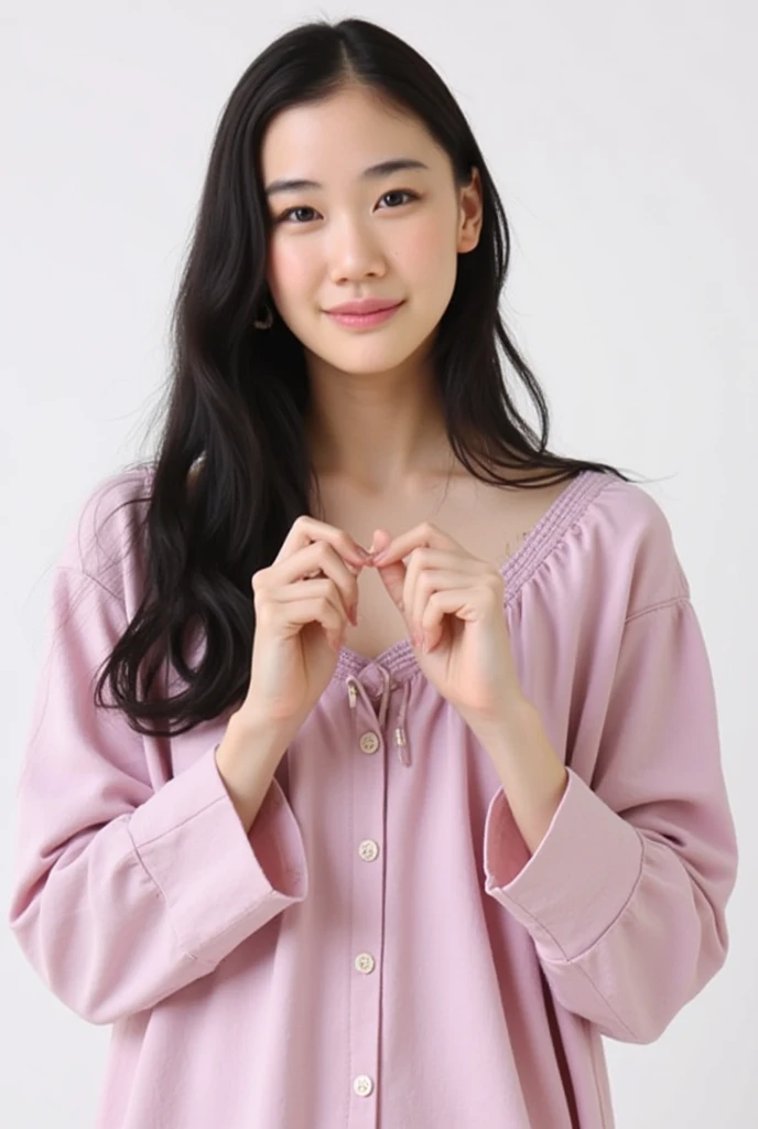 Only one woman with a cute smile is in a pose wearing off-shoulder pajamas, making a firm big heart shape with both hands, and holding them in front of her chest, View above collarbone、The background is a monotone 

