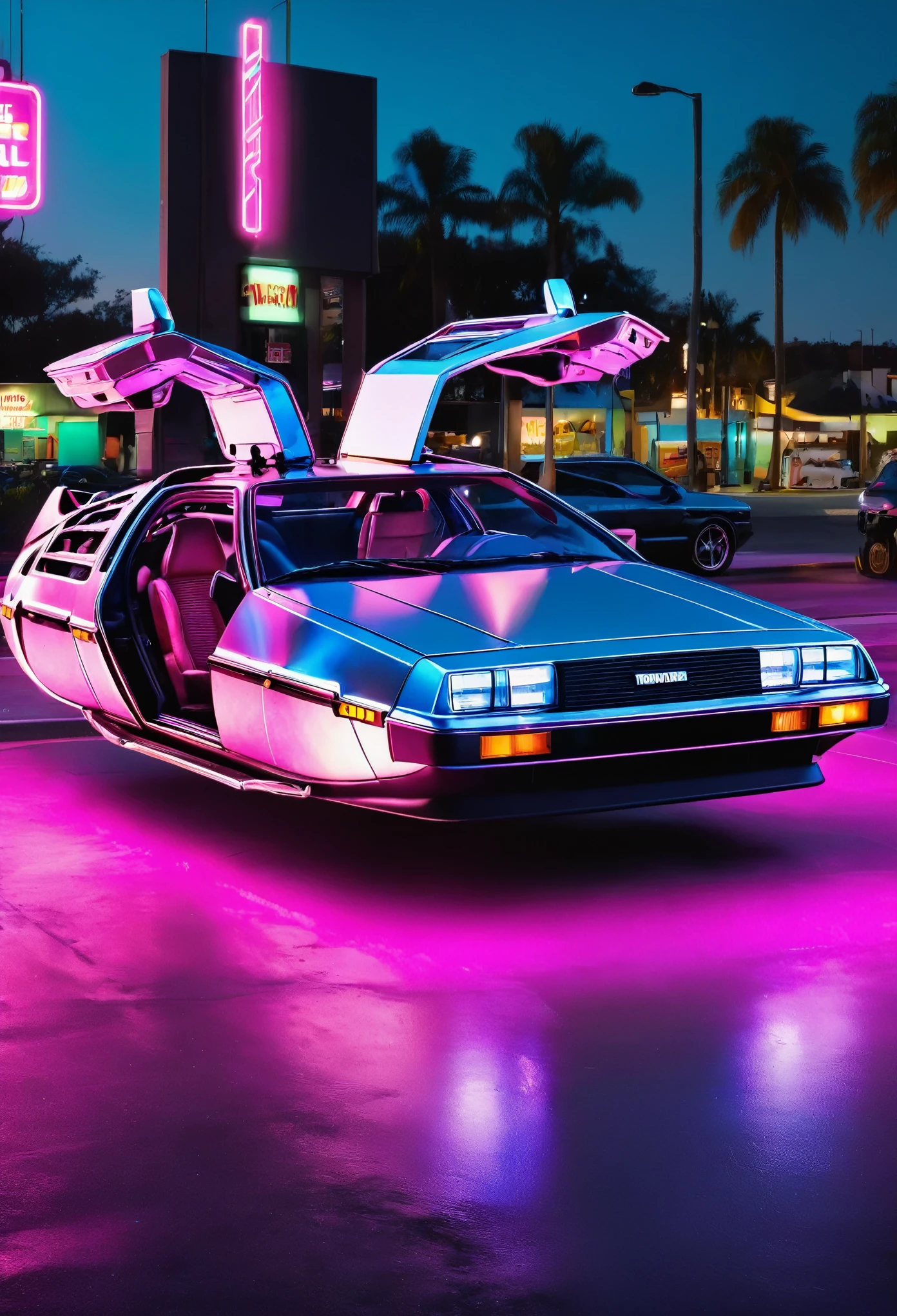  diagonal photo of Delorean from the movie  "Back to the Future II "  in shiny metal polished shiny silver,  floating in the air,  with wheels folded horizontally , the paint reflects everything around it ,  cyberpunk style, pink headlights ,  surrounded by colored neon lights  , without wheels,  drawing of fractals all over the car body  , details in gold,  Woman with mirrored glasses driving behind the windshield , Neon all over the car ,  reflective paint that reflects everything around her  ,  very detailed photo of the headlight  ,  as detailed as possible  , hyper-realistic ,  cyberpunk style gas station with pink and blue neon lights everywhere, of better quality, CRU, masterpiece, super thin photo,  super high resolution  ,  photorealistic  , Dark night ,  framing the entire car in photo  ,  seen from afar amazingly beautiful  ,, Dynamic poses
