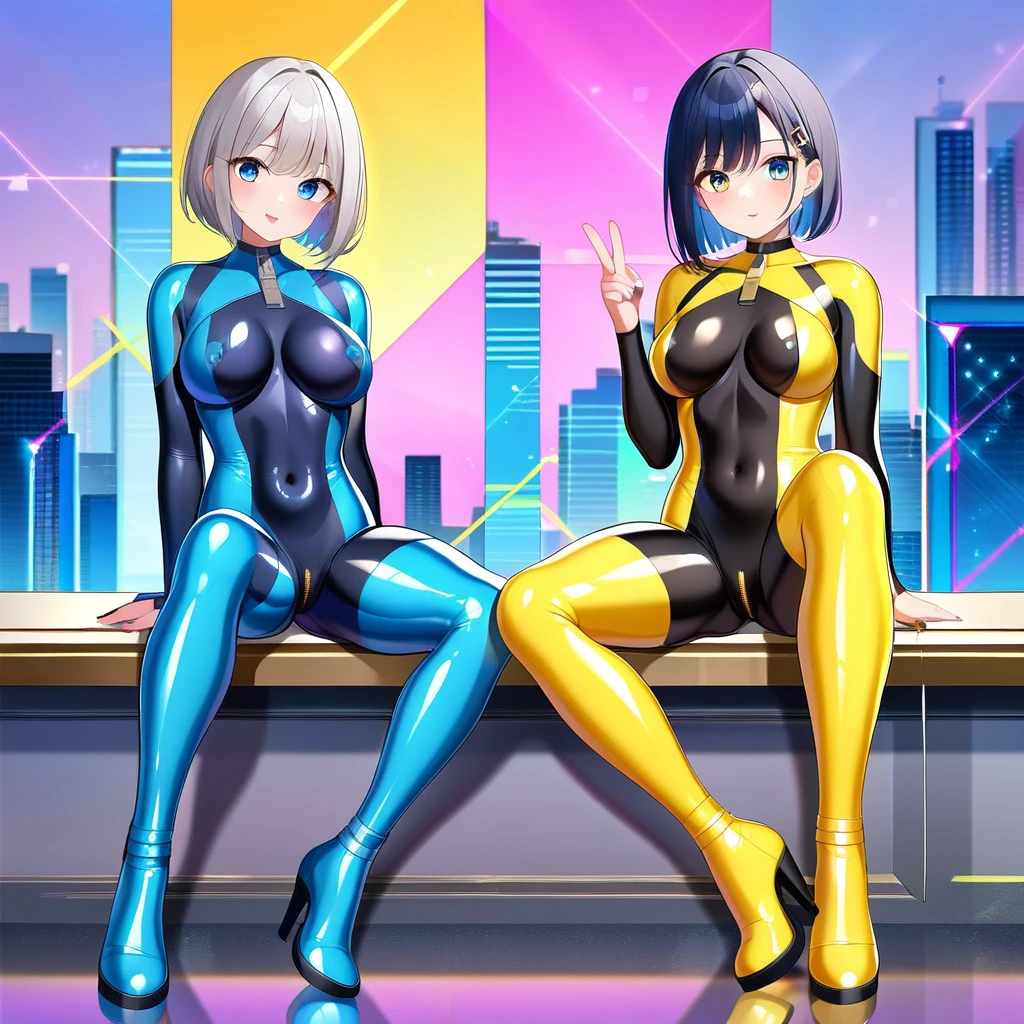 (Multiple girls),(最High image quality, 8k, masterpiece:1.3), (24 years old:1.5), (Grey Hair), ( bob cut ), (Oblique sky blue eyes), (( full body rubber suit 、blue、yellow line、colorful、no zipper 、rubber suit glossy 、Perfect fit、Full body shot、 look at this while sitting、City、Night view)), ([Ultra Clear:1.5), ( Shiny Skin:1.1),(Pale skin:1.1),High image quality、Clear contours