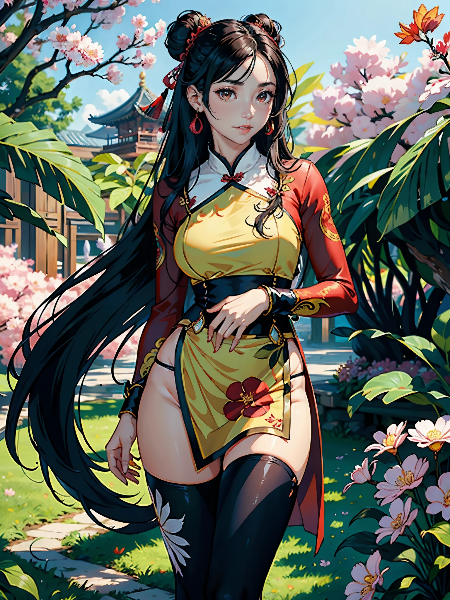 A beautiful Indonesian model wearing a vibrant red Chinese traditional silk dress, with extremely detailed and colorful facial features, long flowing hair, and a joyful expression. She is standing in a lush, tropical garden surrounded by sakura blossoms, colorful flowers, and butterflies, with a fairytale-like background. The image has a high-quality, realistic, and photorealistic style, with acrylic painting-like textures. (best quality,4k,8k,highres,masterpiece:1.2),ultra-detailed,(realistic,photorealistic,photo-realistic:1.37),acrylic painting,beautiful Indonesian model wearing a vibrant red Chinese traditional silk dress, beautiful Indonesian model in a red silk Chinese traditional outfit with downy hair,beautiful Indonesian model's silk Chinese silk dress adorned with cute bows and chains, beautiful Indonesian model with extremely colorful hair and detailed facial features,beautiful Indonesian model standing in a beautiful garden, beautiful Indonesian model with intricate accessories,beautiful Indonesian model posing gracefully,beautiful Indonesian model with long flowing long hair,beautiful bright brown eyes and rosy lips,beautiful Indonesian model with a joyful expression,beautiful Indonesian model in a dynamic pose with sakura blossoms falling around her,beautiful Indonesian model surrounded by colorful flowers and butterflies, tights,beautiful Indonesian model with an enchanting smile,beautiful Indonesian model with soft, pastel-colored shading, beautiful Indonesian model with a fairytale-like background,sailor moon hair, flower in hair, hair ornaments, long sleeve, two hair buns, Double Bun