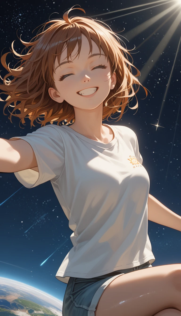 score_9,score_8_up,score_7_up,score_6_up, source_anime, shiny, shiny skin, anime coloring, pixiv, masterpiece, best quality; cute smile, 1girl. solo, girl's messy hair, anime style, eyes closed, japanese, universe, galaxies and stars background, cute casual clothes, relaxing, falling from the sky in peace; Ultra detailed, best quality, amazing quality, very aesthetic, absurdres, masterpiece, best quality,spotlight,masterpiece, best quality, high quality, highres, absurdres, caustics, offcial art, anime screencap.