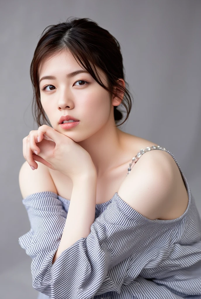 Only one woman with a cute smile is in a pose wearing off-shoulder pajamas, making a firm big heart shape with both hands, and holding them in front of her chest, View above collarbone、The background is a monotone 

