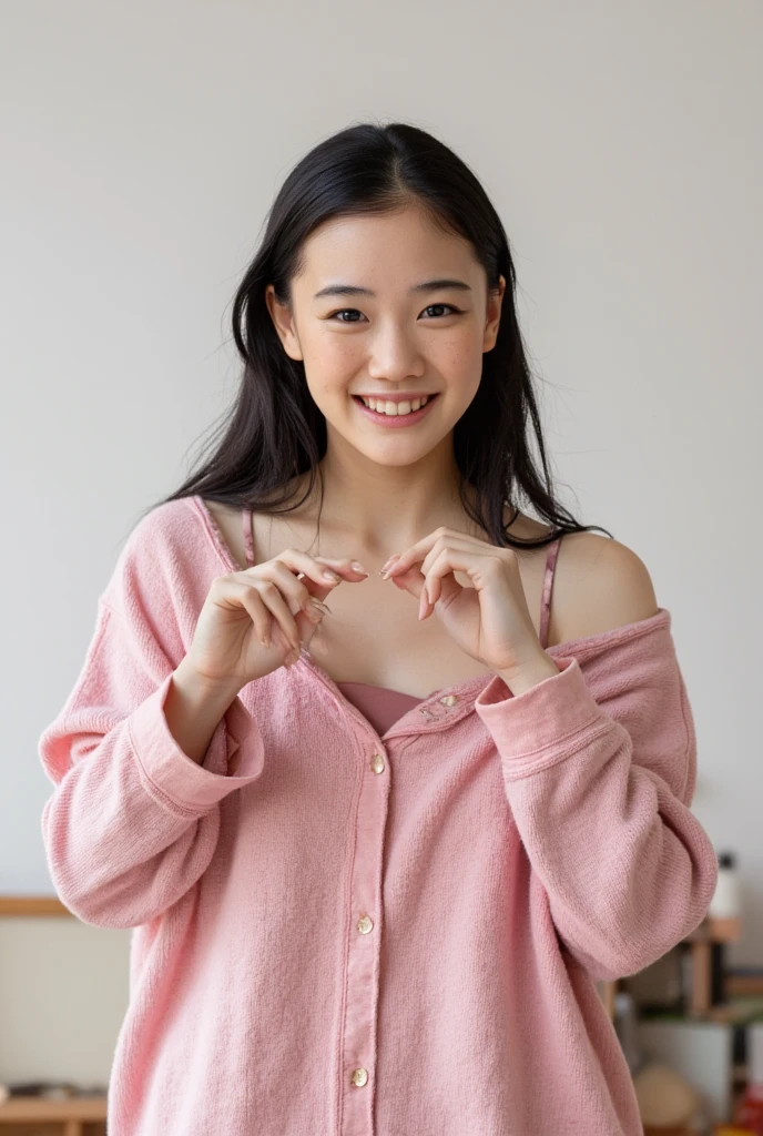 Only one woman with a cute smile is in a pose wearing off-shoulder pajamas, making a firm big heart shape with both hands, and holding them in front of her chest, View above collarbone、The background is a monotone 

