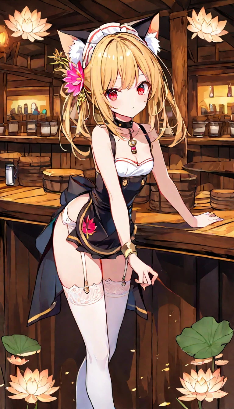 bare shoulders, 1 girl,  long golden hair, waitress,  4K, stockings,    red eyes , , cat ears, Flower for hair, lotus,    high resolution  , One, masterpiece,    Best quality, standing, in the tavern, neckline, hair pattern 