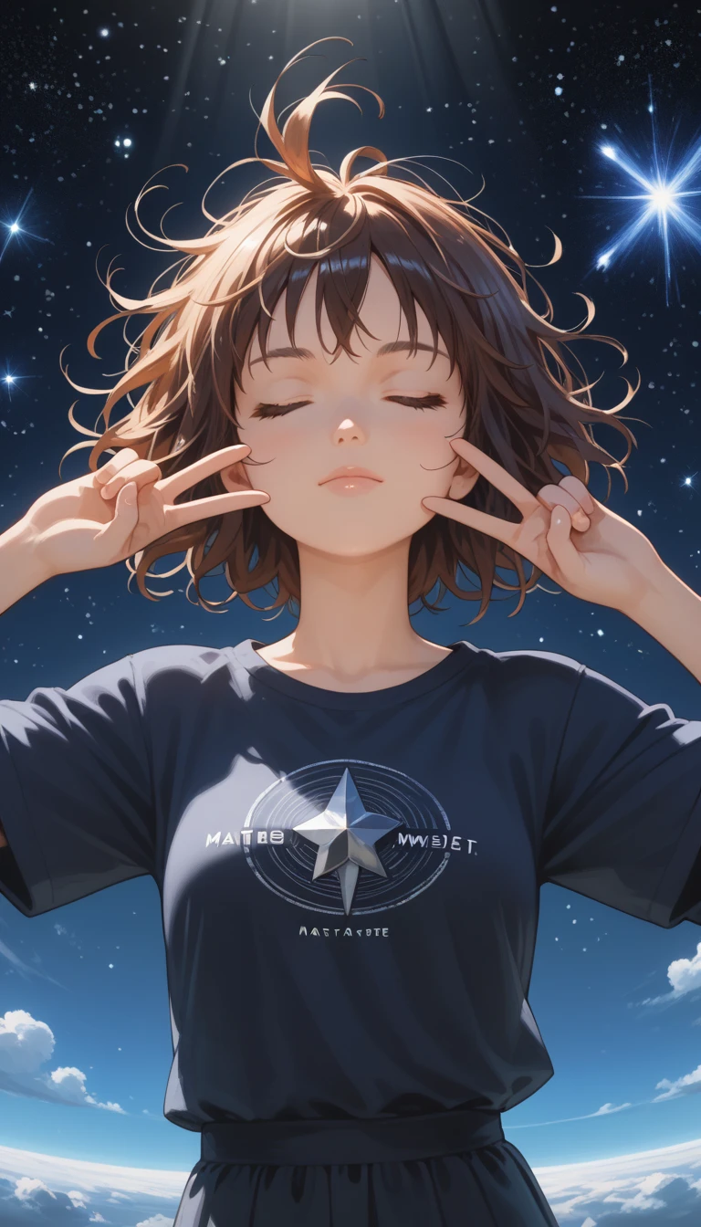 score_9,score_8_up,score_7_up,score_6_up, source_anime, shiny, shiny skin, anime coloring, pixiv, masterpiece, best quality; cute, 1girl. solo, girl's messy hair, anime style, eyes closed, japanese, universe, galaxies and stars background, cute casual clothes, relaxing, falling from the sky in peace, far from the viewer; Ultra detailed, best quality, amazing quality, very aesthetic, absurdres, masterpiece, best quality,spotlight,masterpiece, best quality, high quality, highres, absurdres, caustics, offcial art, anime screencap.