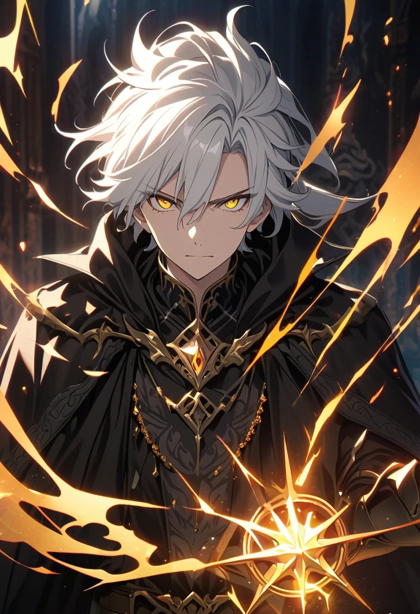 handsome young male witch with gold eyes, black robes, armor gauntlets, white hair, elegant, wizard vibes, sinister expression, light novel art, jewellery, close up shot, arrogant, confident, detailed anime, superiority complex, ponytail