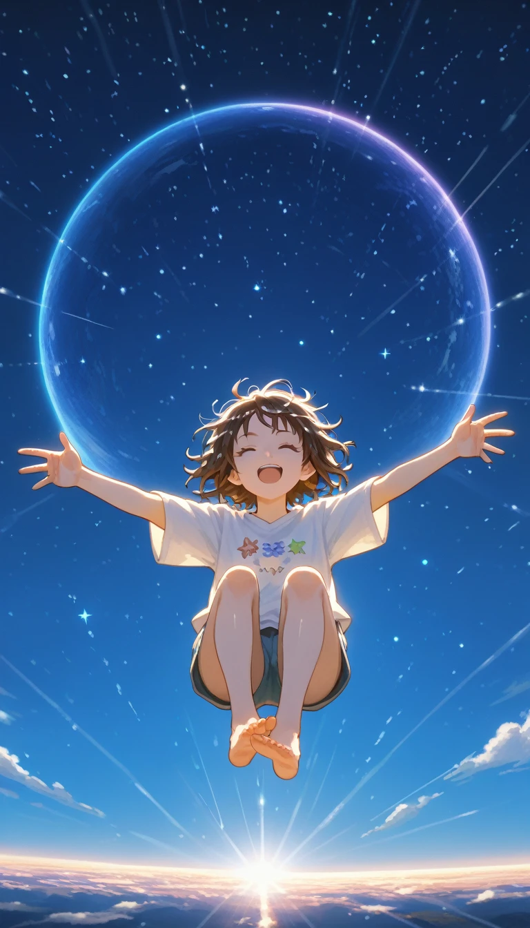 score_9,score_8_up,score_7_up,score_6_up, source_anime, shiny, shiny skin, anime coloring, pixiv, masterpiece, best quality; cute, 1girl. solo, girl's messy hair, anime style, eyes closed, japanese, universe, galaxies and stars background, cute casual clothes, relaxing, falling from the sky in peace, far from the viewer; Ultra detailed, best quality, amazing quality, very aesthetic, absurdres, masterpiece, best quality,spotlight,masterpiece, best quality, high quality, highres, absurdres, caustics, offcial art, anime screencap.