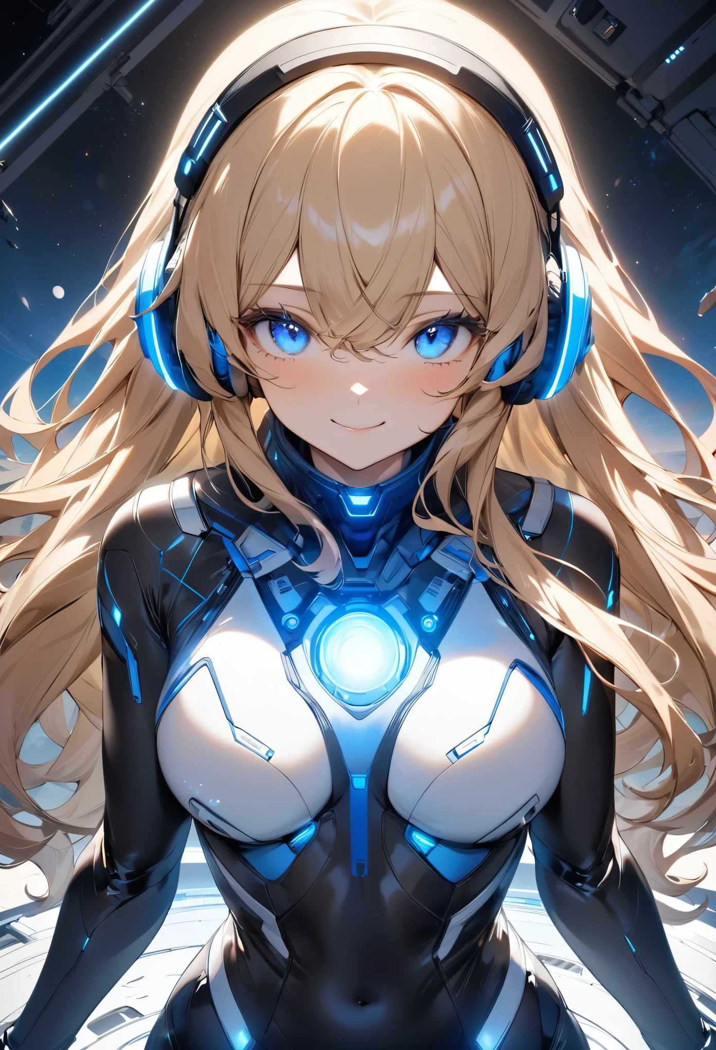 (((Best quality, 8k, Masterpiece: 1.3)), ((best quality)), ((masterpiece)), (detailed), perfect face, perfect body, A beautiful blonde-haired girl wearing headphones, a sci-fi action set on Mars in the 2500s, a body suit with a black base that emits a glow, a complex pattern that emits light, a smiling face, and blue eyes staring at you, cowboy shot