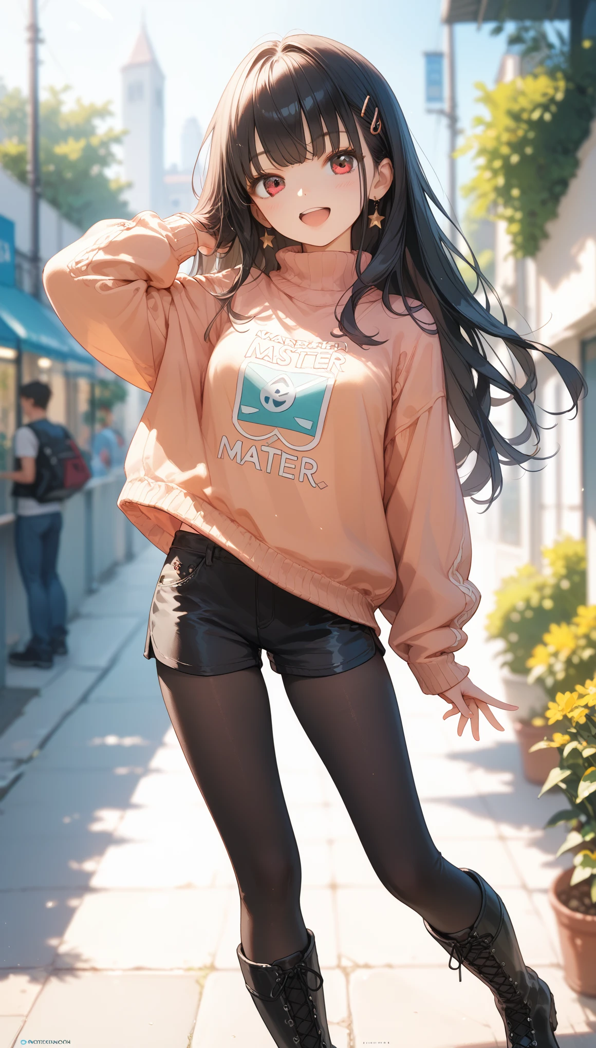 Score_9,Score_8_up,Score_7_up,highest quality anime,masterpiece,extremely detailed,depth of field,high-resolution,1 girl,slim,small breasts,(black long hair,straight bangs),(Ideal slender proportions),(sweater dress,black shorts,matted black tights),(boots),joyful,posing