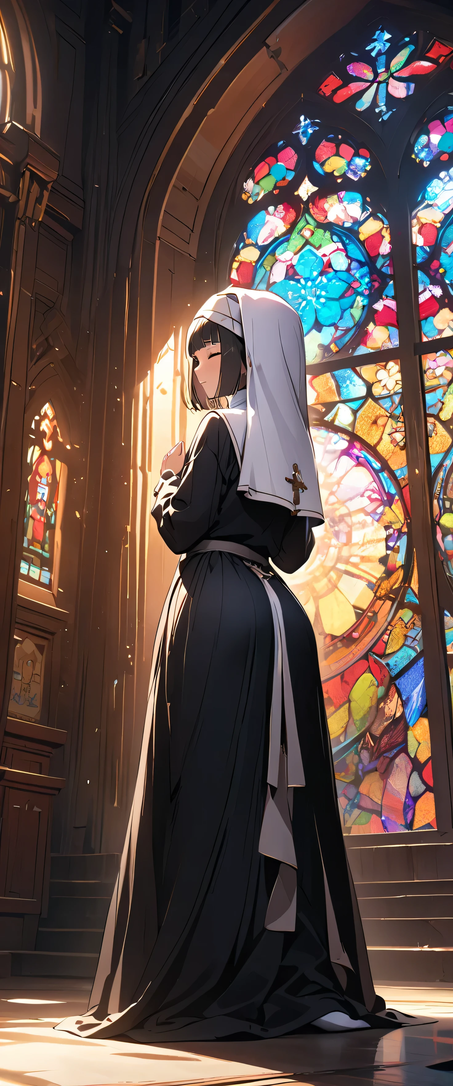 (nun:1.5),(beautiful girl:1.3),1girl,masterpiece,Highest quality,Ultra-high resolution,  rich contrast  ,super high quality,8k,Highly detailed CG unit wallpaper,texture,Incredibly absurd,Ultra-high resolution,Highest quality anime,professional photograph,an extremely delicate and beautiful,RAW Photos,Depth of Field 1.2,Glowing Skin,Beautiful glossy lips,monastery,Prayer,Prayer to the Cross,looking pleasured,(Black Hair, bob cut , with bangs), Stained Glass,Faint Light,(magnificent panorama view:1.3), closed mouth,(full body1.5),Close your eyes,(Rear View:2.0)