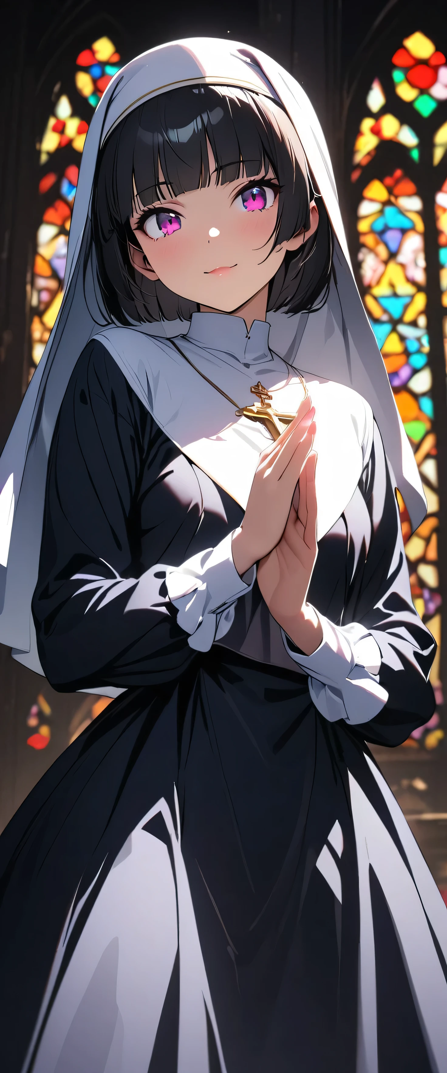 (nun:1.5),(beautiful girl:1.3),1girl,masterpiece,Highest quality,Ultra-high resolution, rich contrast ,super high quality,8k,Highly detailed CG unit wallpaper,texture,Incredibly absurd,Ultra-high resolution,Highest quality anime,professional photograph,an extremely delicate and beautiful,RAW Photos,Depth of Field 1.2,ultra-detailed eyes,Glowing Skin,Beautiful glossy lips,monastery,Prayer,cross,Prayer,(Black Hair, bob cut , with bangs), Stained Glass,Faint Light,gokou ruri,light smile,closed mouth