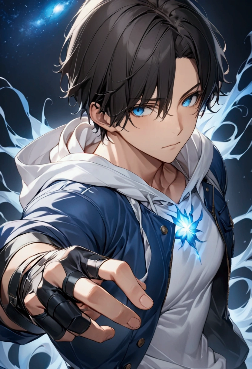 (masterpiece,  best quality:1.2), dark haired young man"Asuka", clothing:  white hoodie with blue jacket, Black Leather Fingerless Driver's Glove ,  upper body focus ,  Bust Up Shot,simple background with a starry sky on one side, The act of retightening the right hand glove raised with a serious expression with the left hand（ pose with the right hand ajar open and the back of the hand facing outward and the left hand on the right wrist）,Rin々Shi, cool design art , best quality, shape,  very detailed, fine,  high definition, 8k wallpaper, Biologically accurate depiction, real 2D digital art,A blue aura rises violently from the whole body, A small blue discharge occurs on the forehead,psychic action hero