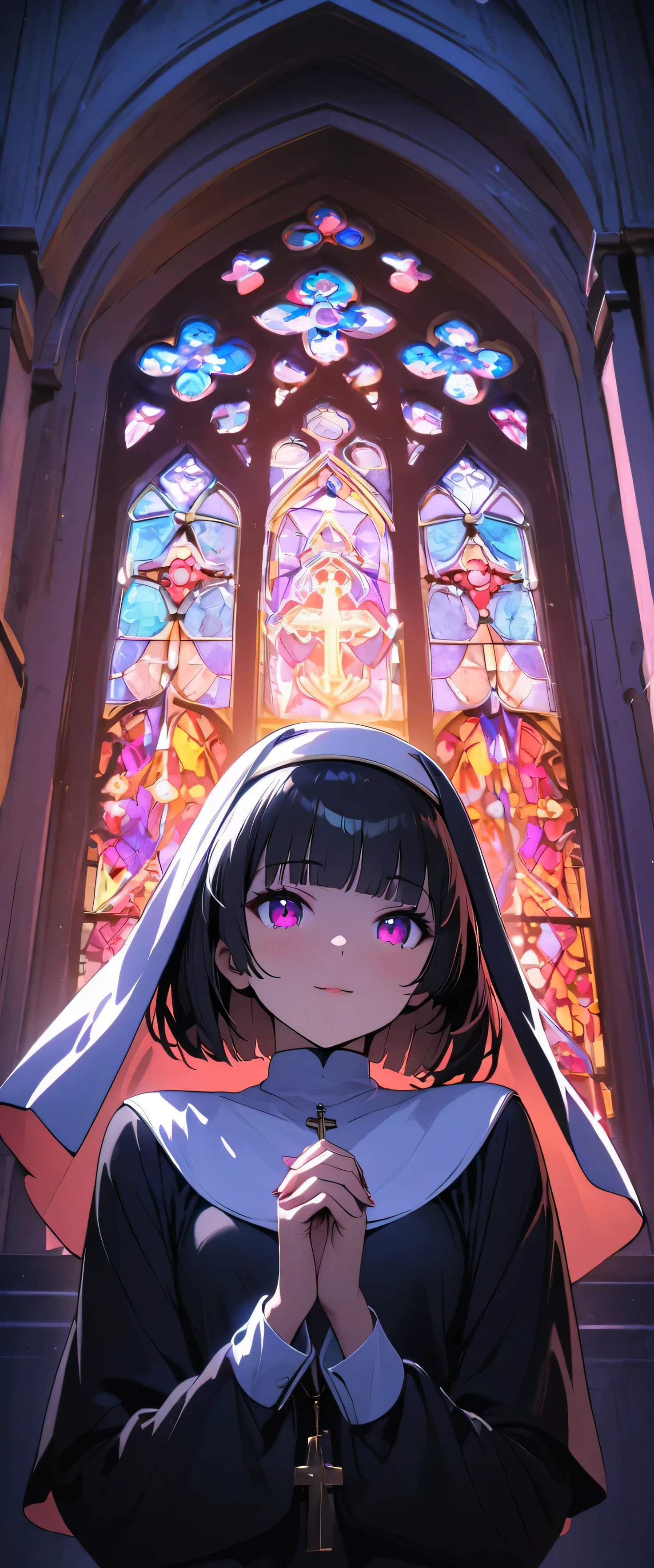 (nun:1.5),(beautiful girl:1.3),1girl,masterpiece,Highest quality,Ultra-high resolution, rich contrast ,super high quality,8k,Highly detailed CG unit wallpaper,texture,Incredibly absurd,Ultra-high resolution,Highest quality anime,professional photograph,an extremely delicate and beautiful,RAW Photos,Depth of Field 1.2,ultra-detailed eyes,Glowing Skin,Beautiful glossy lips,monastery,Prayer,cross,Prayer,(Black Hair, bob cut , with bangs), Stained Glass,Faint Light,gokou ruri,light smile,closed mouth