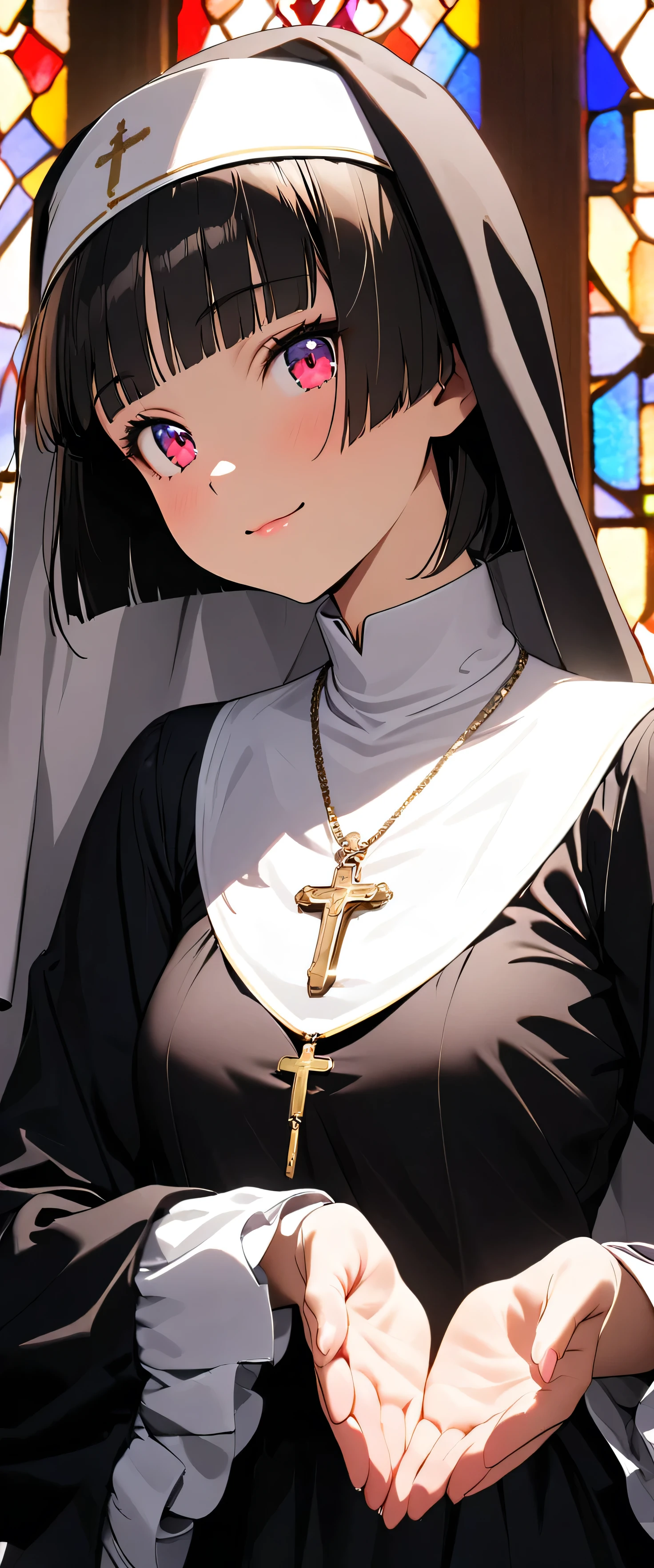 (nun:1.5),(beautiful girl:1.3),1girl,masterpiece,Highest quality,Ultra-high resolution, rich contrast ,super high quality,8k,Highly detailed CG unit wallpaper,texture,Incredibly absurd,Ultra-high resolution,Highest quality anime,professional photograph,an extremely delicate and beautiful,RAW Photos,Depth of Field 1.2,ultra-detailed eyes,Glowing Skin,Beautiful glossy lips,monastery,Prayer,cross,Prayer,(Black Hair, bob cut , with bangs), Stained Glass,Faint Light,gokou ruri,light smile,closed mouth