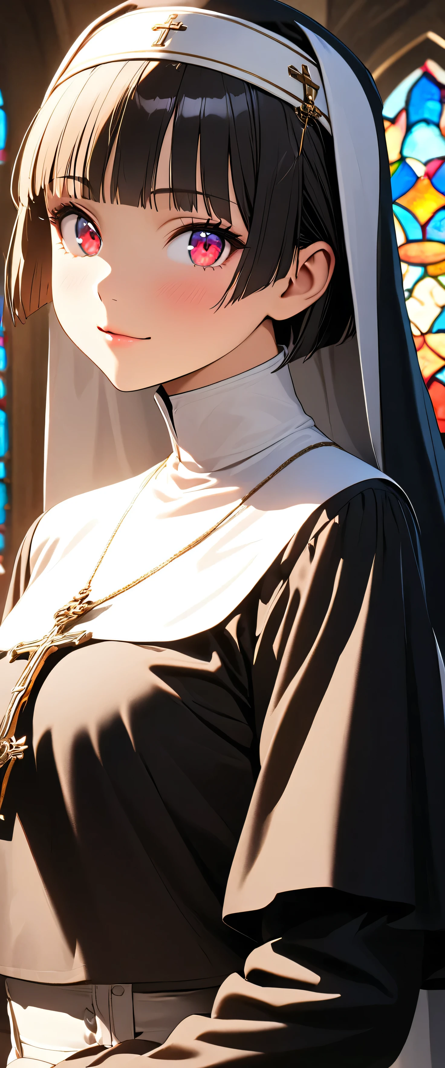 (nun:1.5),(beautiful girl:1.3),1girl,masterpiece,Highest quality,Ultra-high resolution, rich contrast ,super high quality,8k,Highly detailed CG unit wallpaper,texture,Incredibly absurd,Ultra-high resolution,Highest quality anime,professional photograph,an extremely delicate and beautiful,RAW Photos,Depth of Field 1.2,ultra-detailed eyes,Glowing Skin,Beautiful glossy lips,monastery,Prayer,cross,Prayer,(Black Hair, bob cut , with bangs), Stained Glass,Faint Light,gokou ruri,light smile,closed mouth