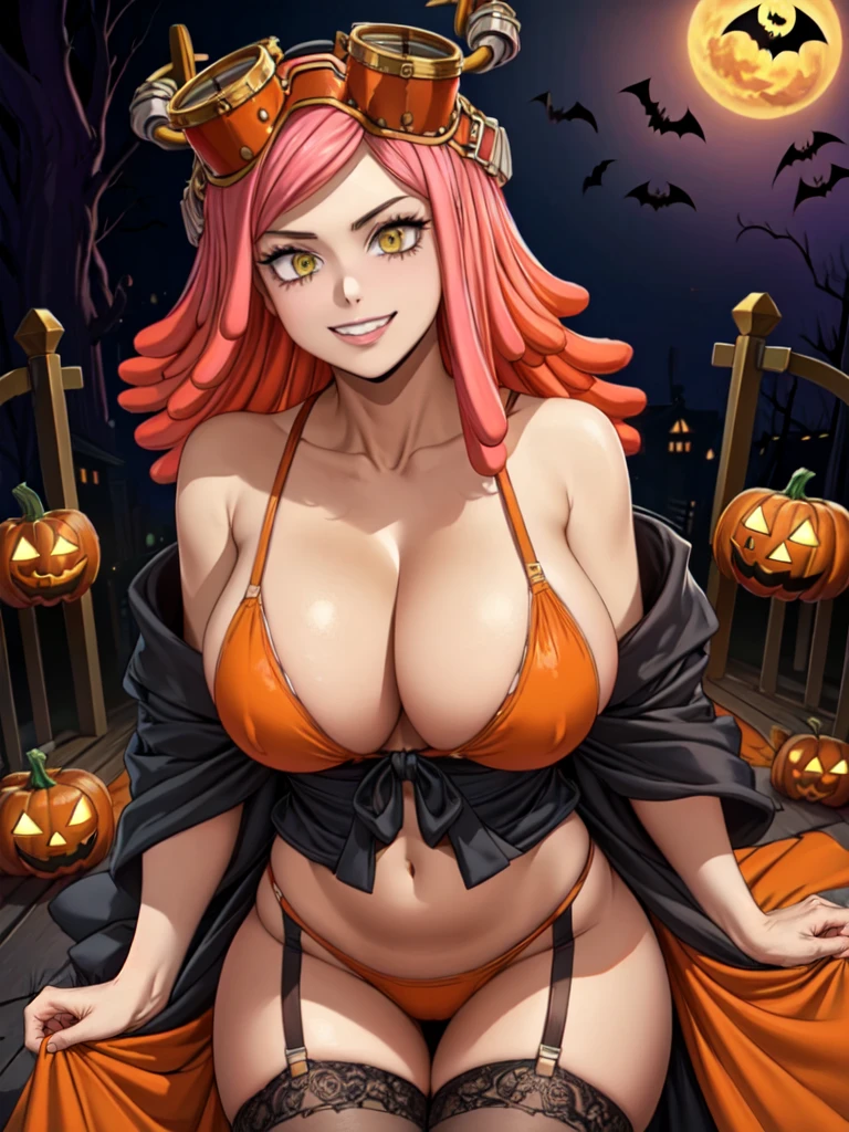 MeiS2, Pink hair, Goggles on head, Symbol-shaped pupils, Yellow eyes, medium hair, gigantic breasts, cleavage, (((halloween themed, orange clothing colour))), micro bikini, lingerie, garter belts, stockings, 1girl, correct anatomy, BREAK, ((masterpiece, highest quality, best quality, official art, beautiful and aesthetic: 1.2, extremely detailed, fractal art: 1.3, colorful, highest detailed, HDR, vivid visual effects)), BREAK, ((Detailed eyes, Detailed face, Detailed eyes, perfect face)), BREAK, seductive look, grinning, 