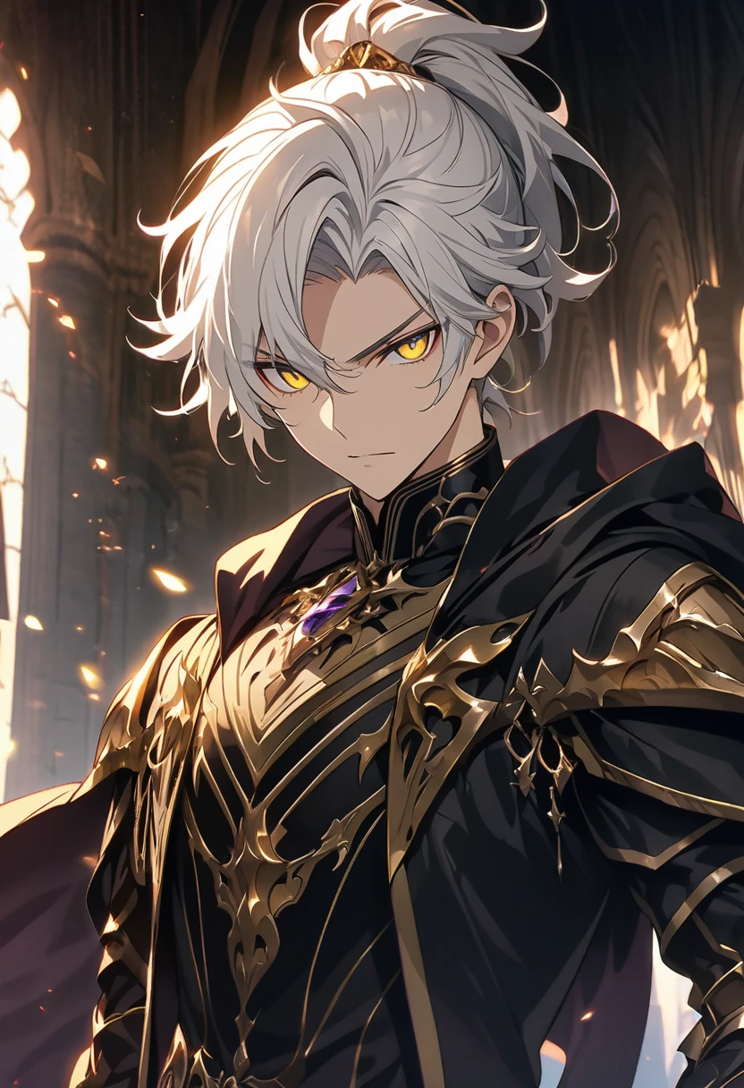 handsome young male witch with gold eyes, black robes, armor gauntlets, white hair, elegant, wizard vibes, sinister expression, light novel art, jewellery, close up shot, arrogant, confident, detailed anime, superiority complex, ponytail