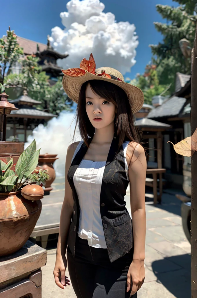 (masterpiece), best quality, perfect face, expressive eyes, (wanderer:1.2), scaramouche (genshin impact), 1girl, famale focus, solo, outdoors, cloud, standing, leaf, sky, hand on headwear, vest