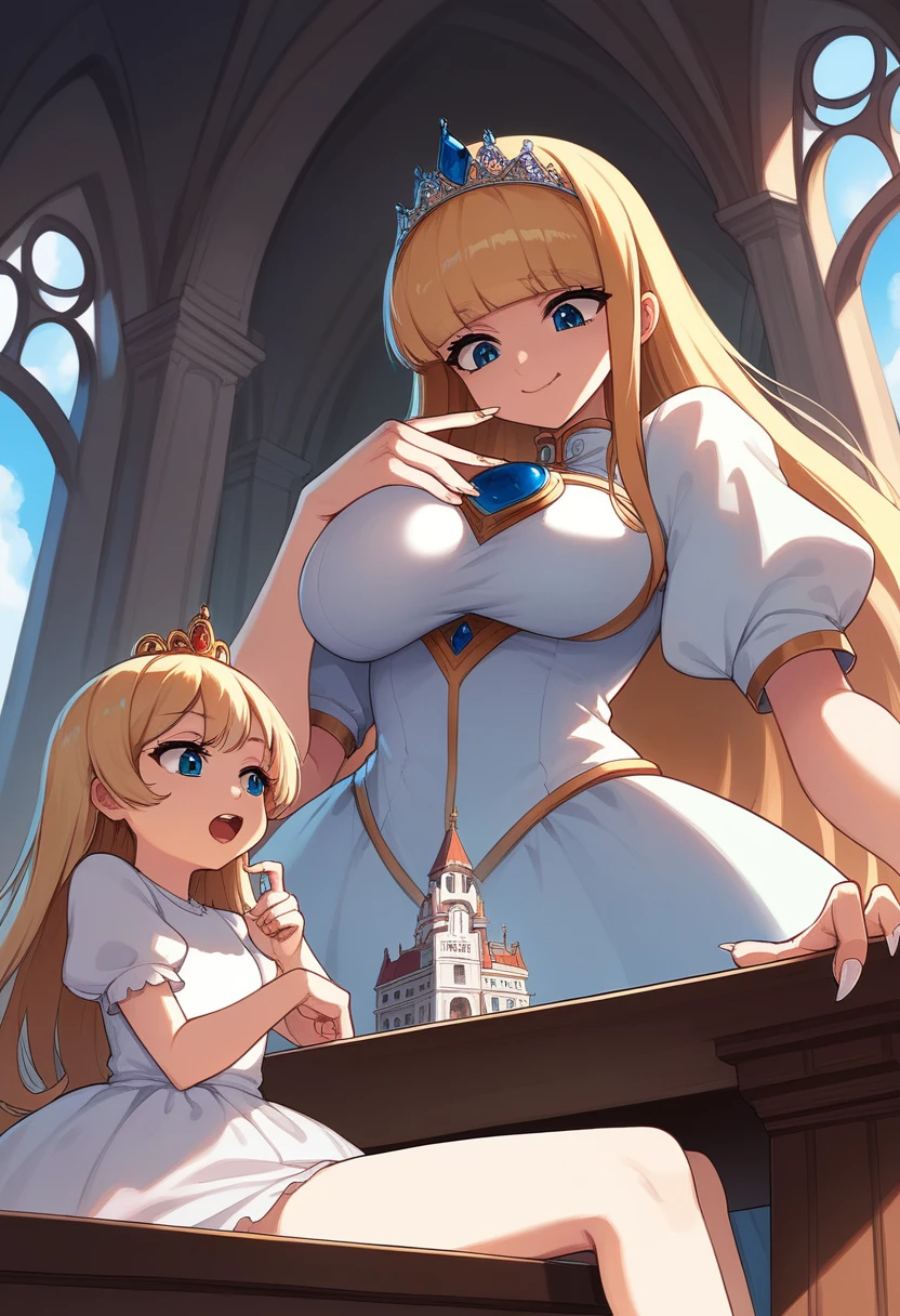 (macro size: 1.7), (giant teen girl: 1.3), (very skinny bangs long hair: 1.1), (looking down: 1.2), inside castle, dress, (2girls: 1.1), (minigirl: 1.2), (miniature woman on a table below the breasts of a very tall girl: 1.2), (closeup side breast and face: 1.5) (miniature person: 1.3), (anime: 1.4), (height difference: 1.1), (size difference: 1.2), (an extremely tiny woman on a table in front of closeup breasts: 1.3), (hand: 1.1), (foreshortening: 1.2), (blonde hair), princess, tiara, (foreshortening from below view: 1.2), (low angle perspective: 1.2), (foreshortening: 1.1), tiny breasts, smug, (super closeup fingers and fingernails on the table: 1.4)