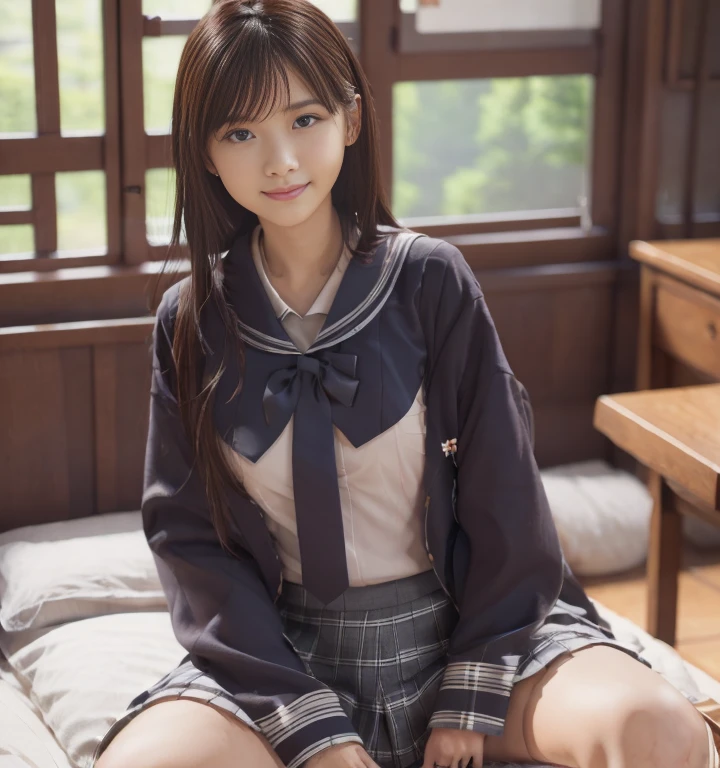 Ulzzang-6500-v1.1, (raw photo:1.2), (realistic:1.4), beautiful and detailed girl, very detailed eyes and face, beautiful detailed eyes, incredibly ridiculous, huge file size, very detailed, high resolution, very detailed, best quality, masterpiece, (((japanese high school girl:1.5))), (((simple blazer))), (((pleated skirt))), (((The pattern of the skirt and tie is a tartan check pattern.:1.3))), illustration, very detailed, CG, unified, 8K wallpapers, amazing, fine details, masterpiece, best quality, very detailed CG uniform 8K wallpapers, my face shines, cinematic lighting, 1 woman, 16 years old, ((dynamic pose))), (camel toe), (half), ((pantyhose)), ((Sit with your knees bent and your legs crossed.)), ((whole body))