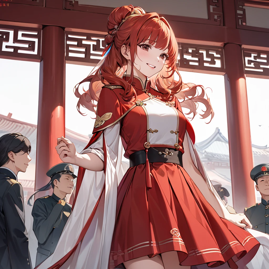  The woman who is a member of the Chinese Communist Party has beautiful red hair, wears Chinese Communist Party clothes, and pledges absolute loyalty and love to a great Chinese Communist Party executive man who supports and serves her husband in public and private as a wife、((Best Quality)), ((masterpiece)), ( Details), （ perfect face）,The woman is a red-haired celica with outstanding proportions and is finished as a Chinese woman in a Chinese mansion and has her hair tied beautifully like a Chinese woman 、The woman is smiling gently