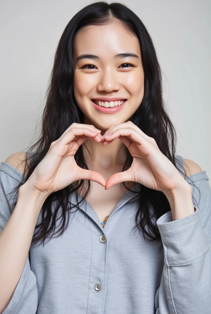 Only one woman with a cute smile is in a pose wearing off-shoulder pajamas, making a firm big heart shape with both hands, and holding them in front of her chest, View above collarbone、The background is a monotone 

