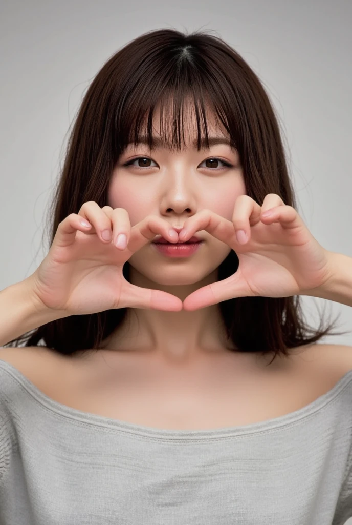 Only one woman with a cute smile is in a pose wearing off-shoulder pajamas, making a firm big heart shape with both hands, and holding them in front of her chest, View above collarbone、The background is a monotone 

