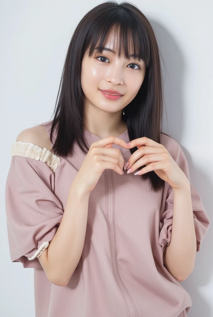 Only one woman with a cute smile is in a pose wearing off-shoulder pajamas, making a firm big heart shape with both hands, and holding them in front of her chest, View above collarbone、The background is a monotone 

