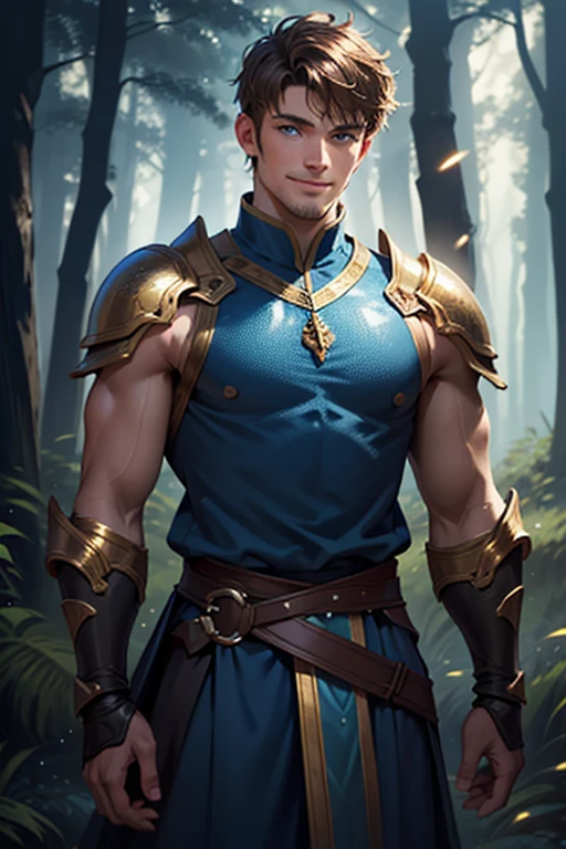 Photo realistic. A handsome, twenty-year-old, Caucasian, muscular medieval warrior, with fade-cut, brown hair, stubble, and blue eyes, wearing sleeveless, shimmering blue and gold armor, smiling slightly, standing in a magical forest, with glowing lights floating around, at dusk.