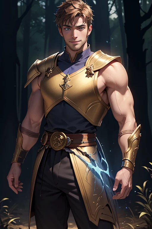 Photo realistic. A handsome, twenty-year-old, Caucasian, muscular medieval warrior, with fade-cut, brown hair, stubble, and blue eyes, wearing sleeveless, shimmering blue and gold armor, smiling slightly, standing in a magical forest, with glowing lights floating around, at dusk.