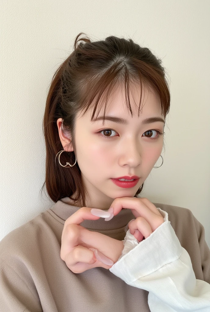 Only one woman with a cute smile is in a pose wearing off-shoulder pajamas, making a firm big heart shape with both hands, and holding them in front of her chest, View above collarbone、The background is a monotone 

