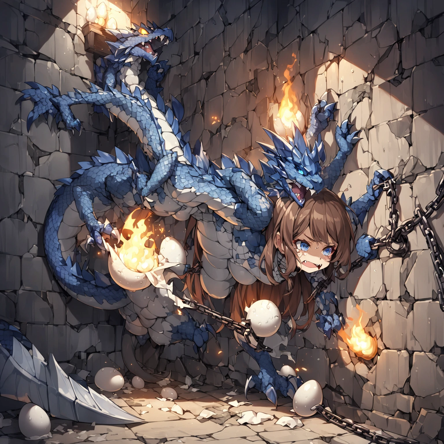 female chained to prison wall, blue scales in places, transformation into a dragon, mid transformation, brown hair, animal face, dragon face, scales spread gradually, claws, fangs, little tail, bursting boots, ragged boots, make effort, laying eggs from pussy, big eggs around, puzzled face, looks at down, commission for high res, medieval, tattered clothes, ripping clothes, nsfw not safe for work, gloomy, dramatic light, torch at wall