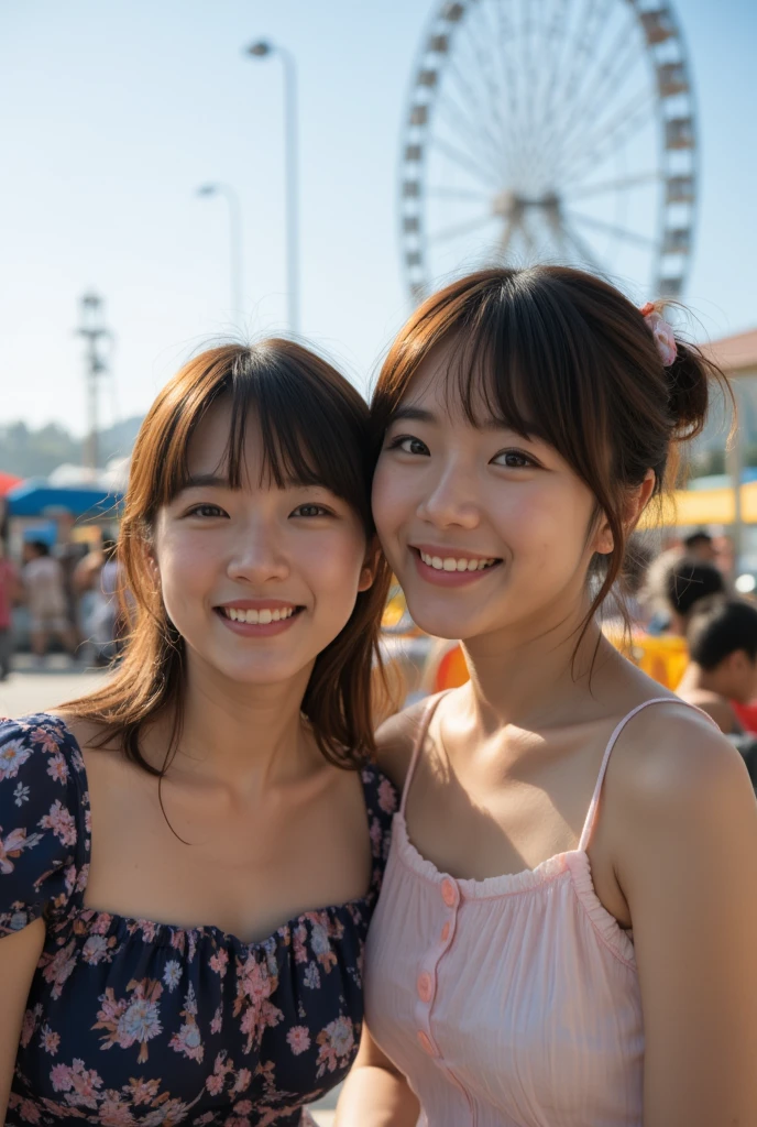 Self-taken photo of two cute Japanese girls in close contact, happily showing their teeth and looking at us while signing a peace sign with a big smile 、 The background shows a ferris wheel at an amusement park, and the weather is clear and illuminated by natural light, 1 has long hair and perfect bangs, and the other has short hair, black hair, and is wearing a cute hair band、Realistic Skin、Ultra HD Photos、 Cinematic Lighting