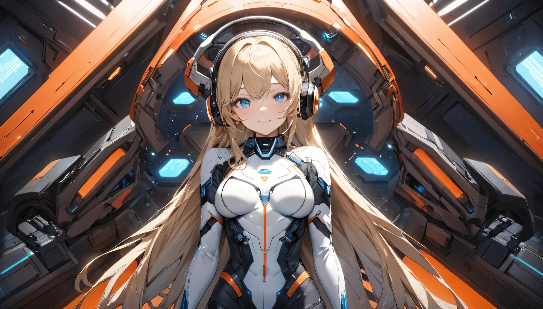 (((Best quality, 8k, Masterpiece: 1.3)), ((best quality)), ((masterpiece)), (detailed), perfect face, perfect body, A beautiful blonde-haired girl wearing headphones, a sci-fi action set on Mars in the 2500s, a body suit with a black base that emits a glow, a complex pattern that emits light, a smiling face, and blue eyes staring at you, cowboy shot