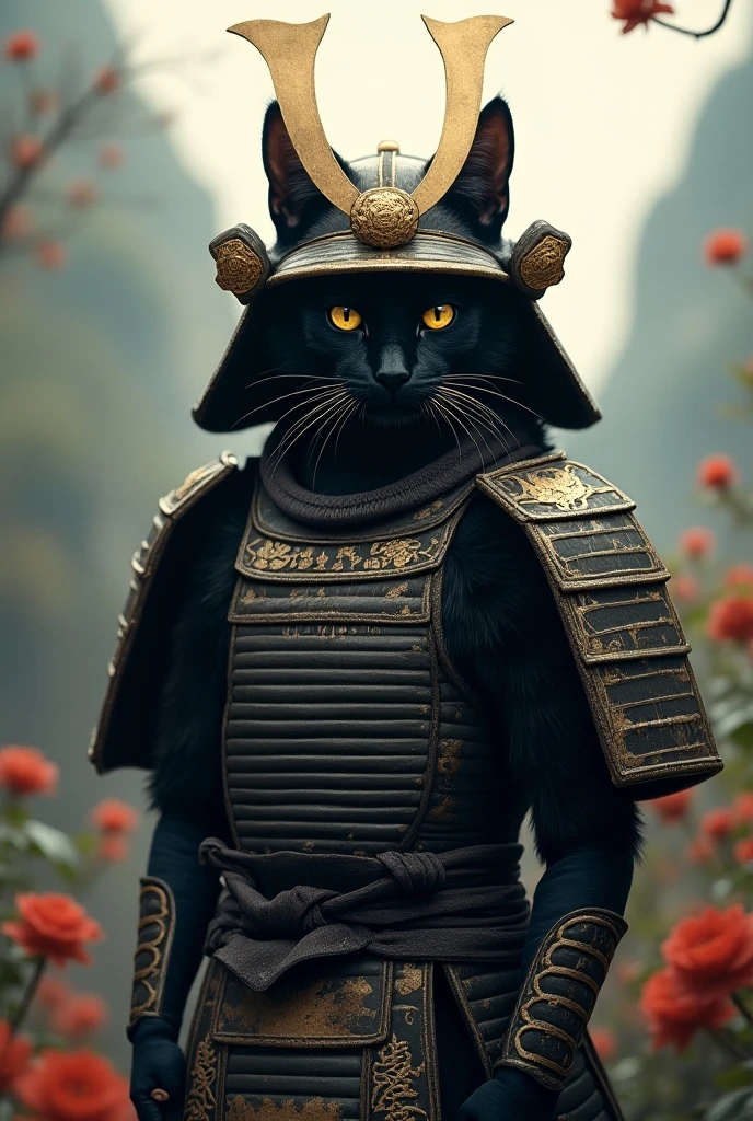 A cat wearing a Japanese armor helmet