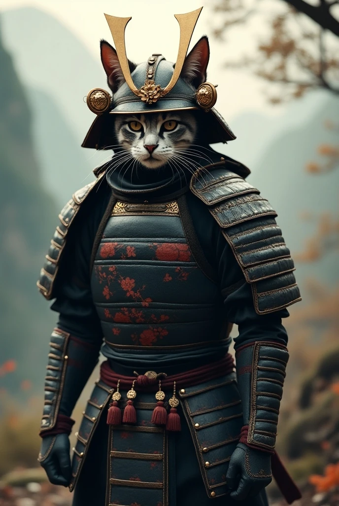 A cat wearing a Japanese armor helmet