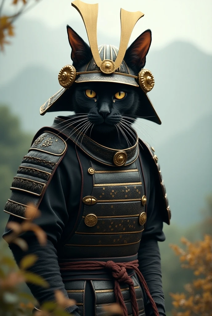 A cat wearing a Japanese armor helmet