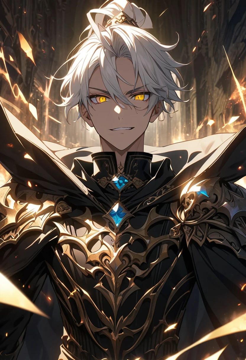 handsome young male witch with gold eyes, black robes, armor gauntlets, white hair, elegant, wizard vibes, sinister expression, light novel art, jewellery, close up shot, arrogant, confident, detailed anime, superiority complex, ponytail