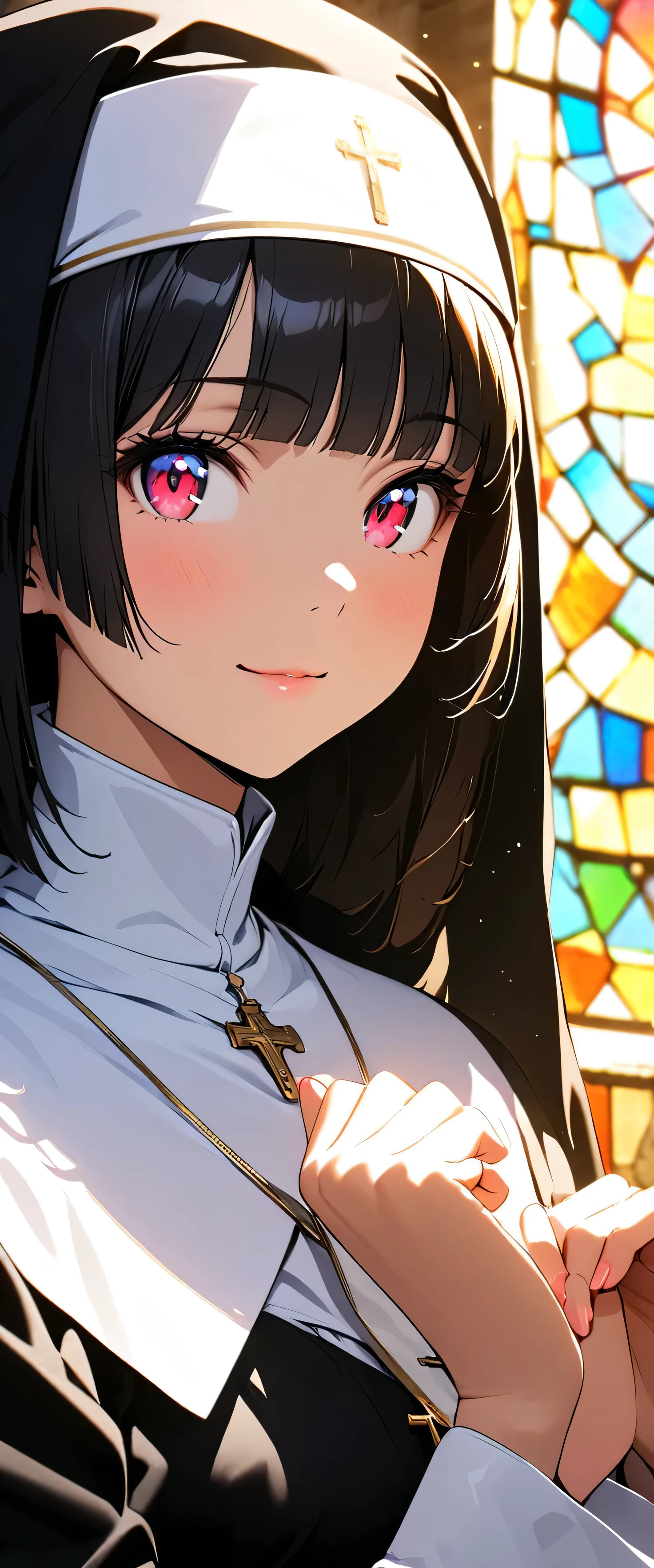 (nun:1.5),(beautiful girl:1.3),1girl,masterpiece,Highest quality,Ultra-high resolution, rich contrast ,super high quality,8k,Highly detailed CG unit wallpaper,texture,Incredibly absurd,Ultra-high resolution,Highest quality anime,professional photograph,an extremely delicate and beautiful,RAW Photos,Depth of Field 1.2,ultra-detailed eyes,Glowing Skin,Beautiful glossy lips,monastery,Prayer,cross,Prayer,(Black Hair, bob cut , with bangs), Stained Glass,Faint Light,gokou ruri,light smile,closed mouth